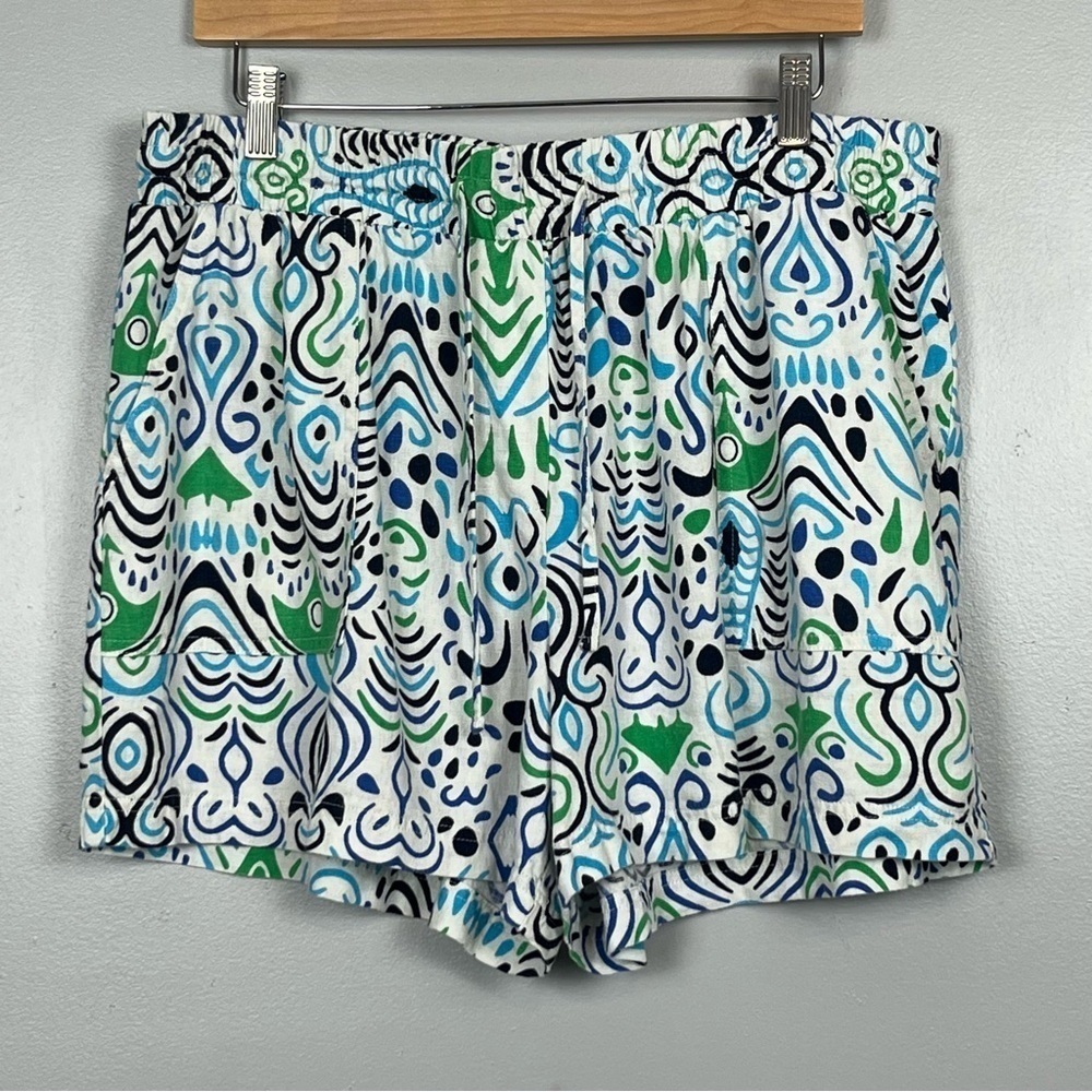 Calligraphie linen viscose doodle print drawstring elastic waist shorts, large.